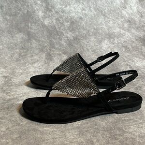 NIB - Madden Girl DANIII Black Fabric Flat Sandals w/ Rhinestone Mesh - size 8